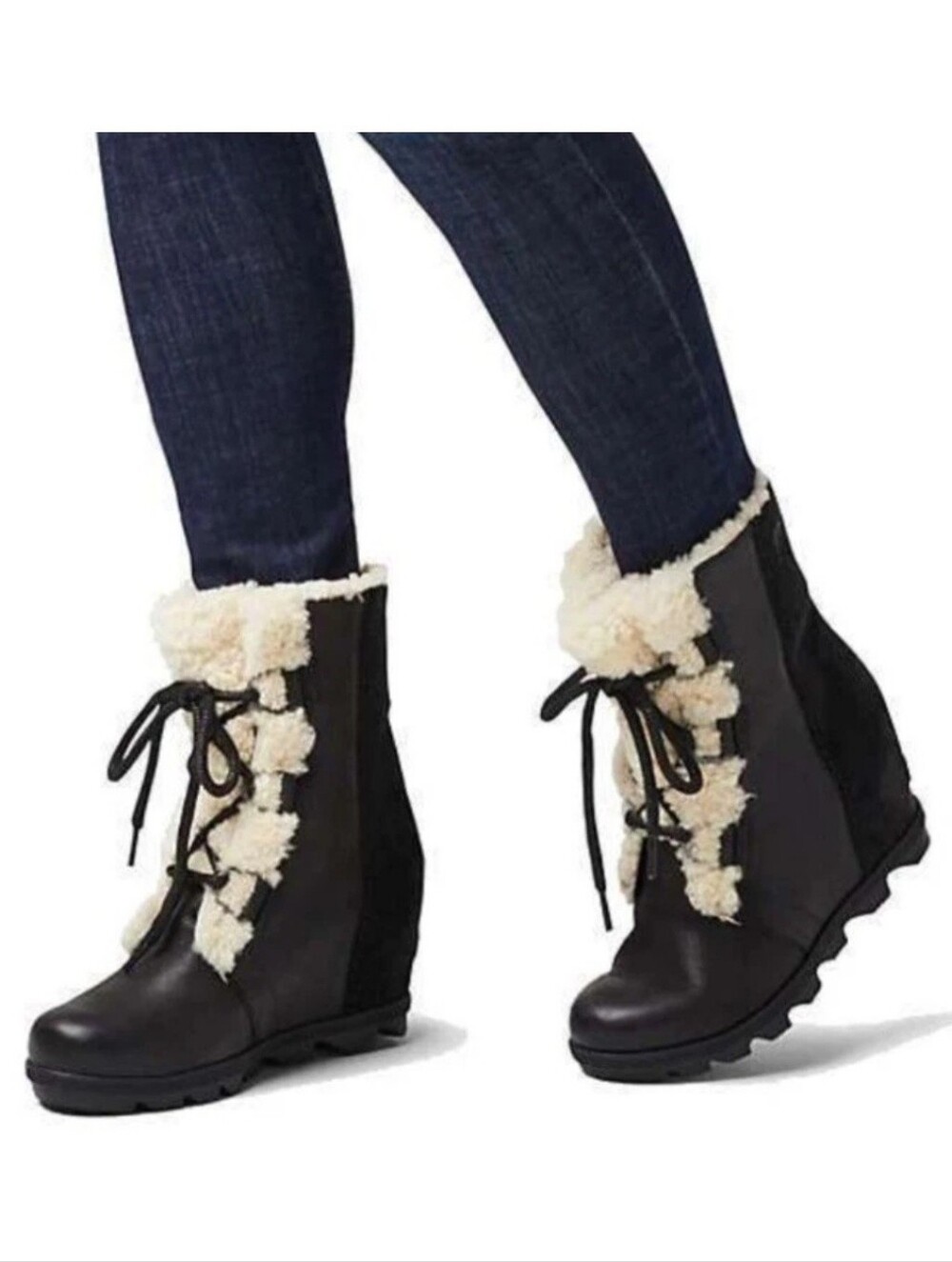 Sorel Joan of Arctic Black Leather & Shearling Wedge Winter Boots 9